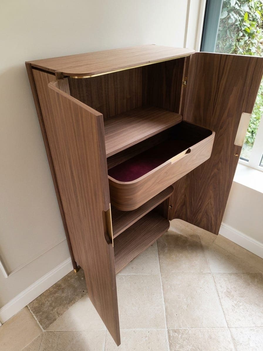Détail buffet noyer — tiroir velours bordeaux et tablettes intérieures